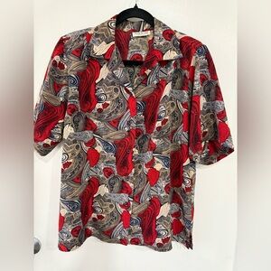 Vintage Women's Paisley Red and Beige button up Shirt. Made in USA Size 12